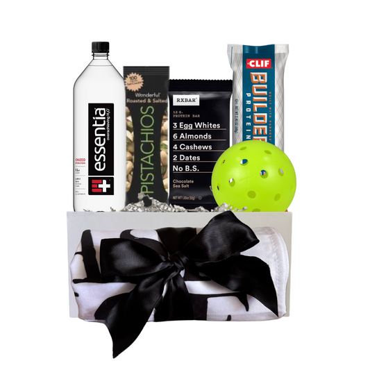 picklball gift box with energy bars, outdoor pickleball, and pickleball athletic quick dry towel