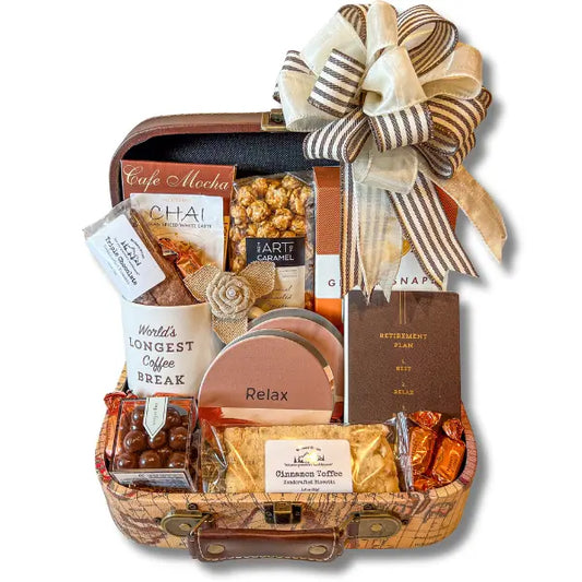 Bon Voyage Retirement Gift Basket featuring snacks and retirement themed goodies.  Seattle Area Apple Blossom Gift Baskets