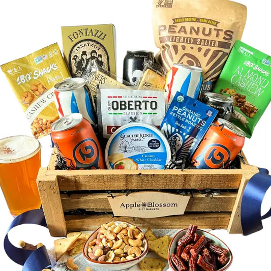 Beer and Snack Crate with local craft beer made in Seattle, Washington, nuts, meat sticks, cheese, pretzels and more.  Seattle Area Apple Blossom Gift Baskets