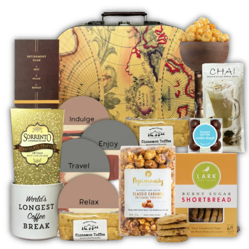 Bon Voyage Retirement Gift Basket featuring snacks and retirement themed goodies. Seattle Area Apple Blossom Gift Baskets