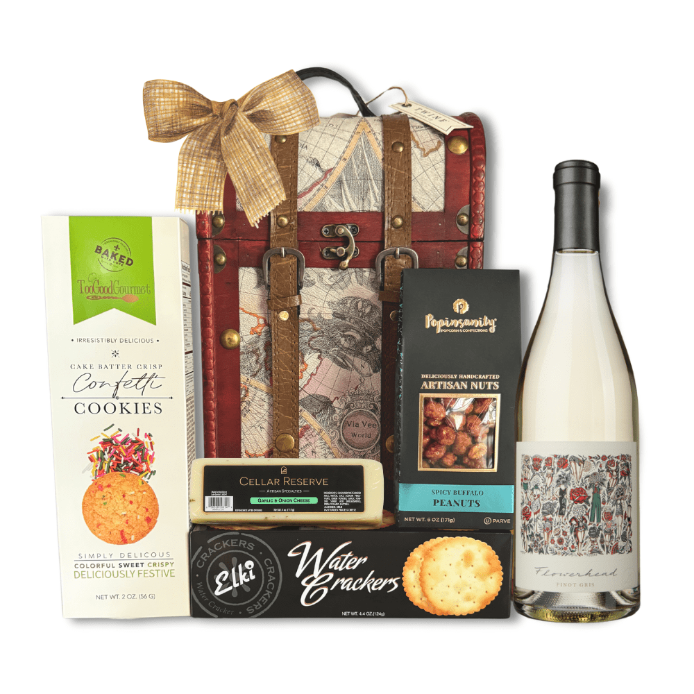 Old-world themed wooden retirement gift box filled with assorted snacks and mark ryan pinot gris.  Made in washington by Apple Blossom Gift Baskets