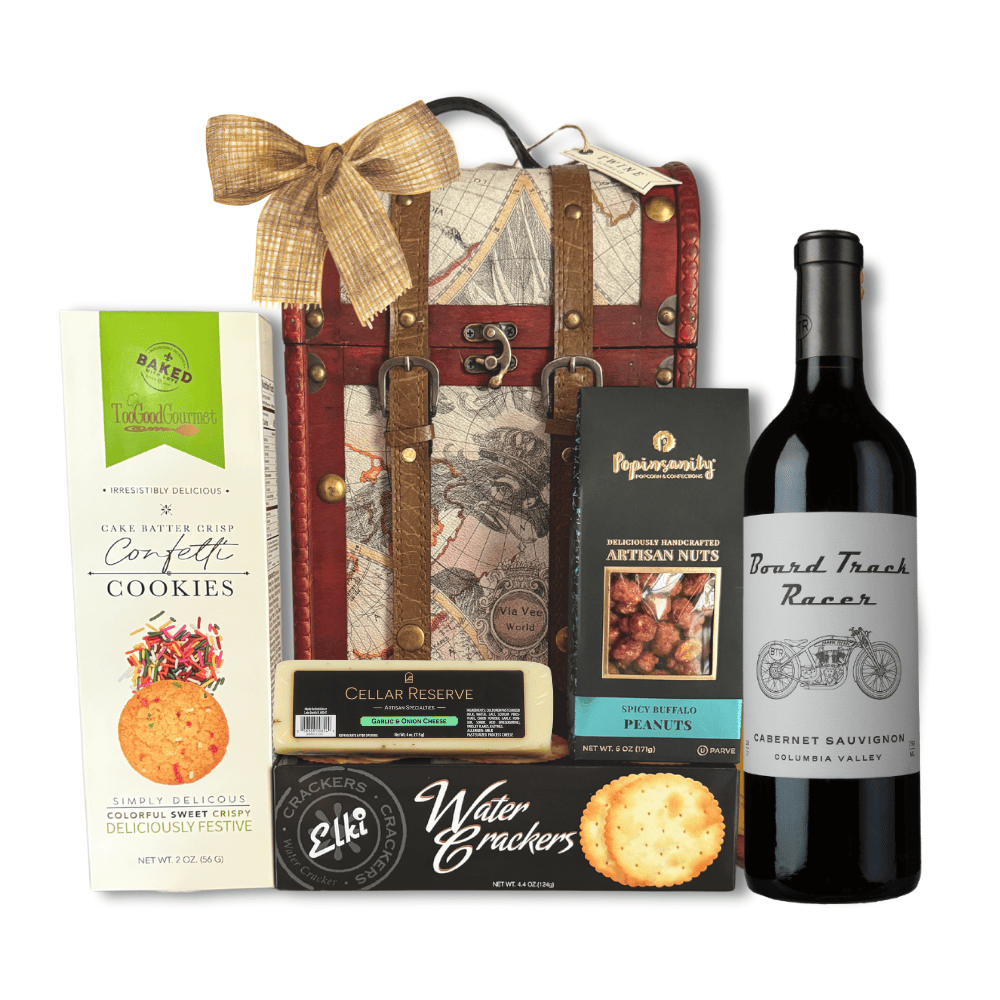 Old-world themed wooden retirement gift box filled with assorted snacks and mark ryan cabernet sauvignon.  Made in washington by Apple Blossom Gift Baskets